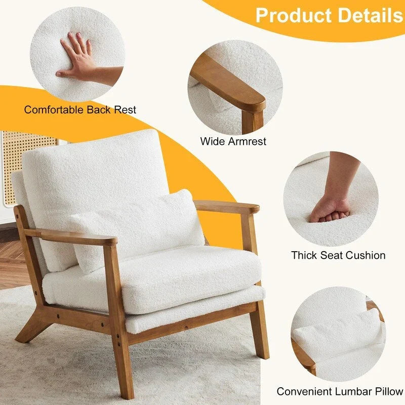 Polster-Sessel aus Leinenmischgewebe mit Holzbeinen und einem Kissen, Beige