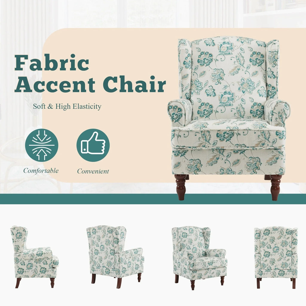 Erommy moderne accentstoel, fauteuil met hoge rugleuning, gestoffeerde stoffen fauteuil met knopen en houten poten voor de woonkamer