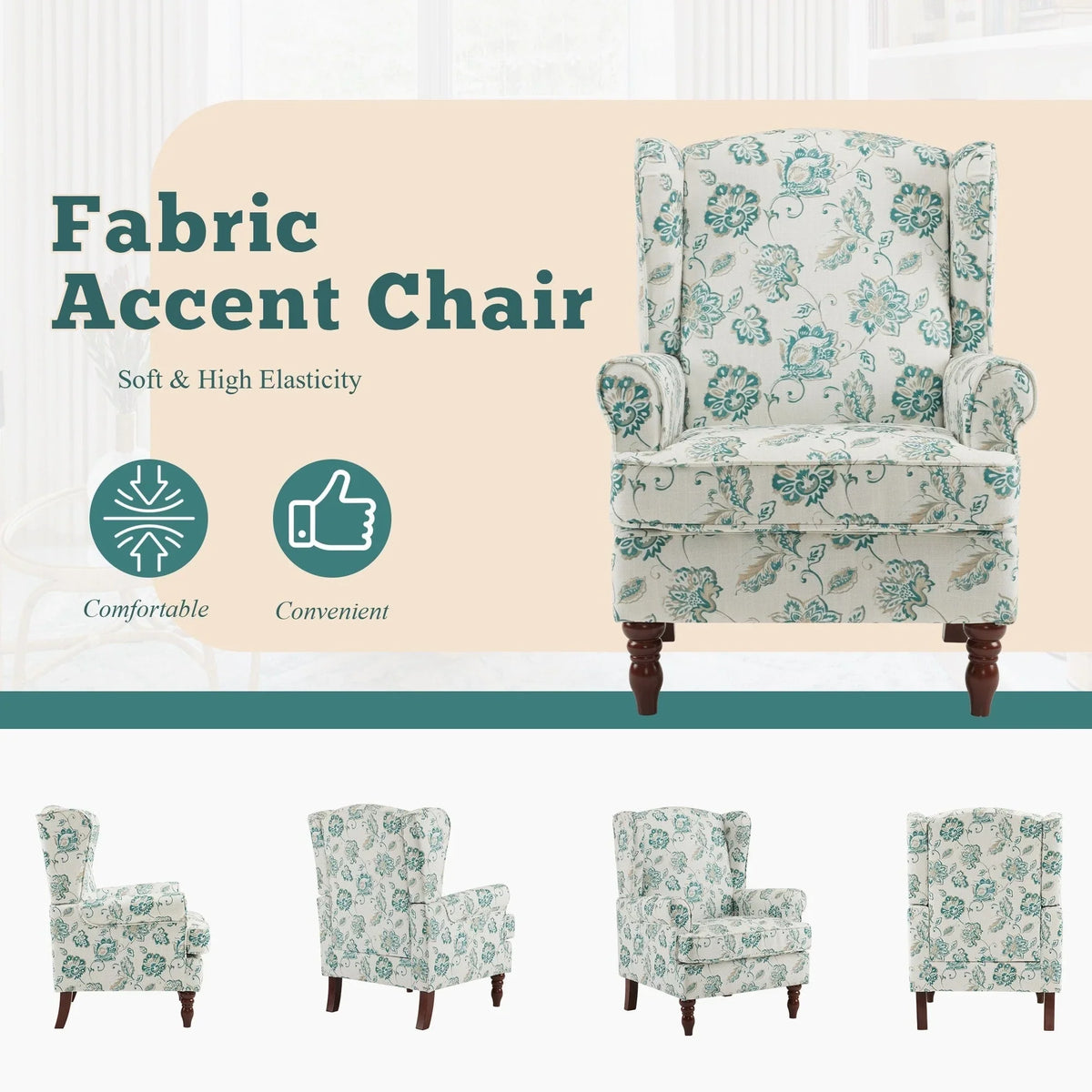 Erommy moderne accentstoel, fauteuil met hoge rugleuning, gestoffeerde stoffen fauteuil met knopen en houten poten voor de woonkamer