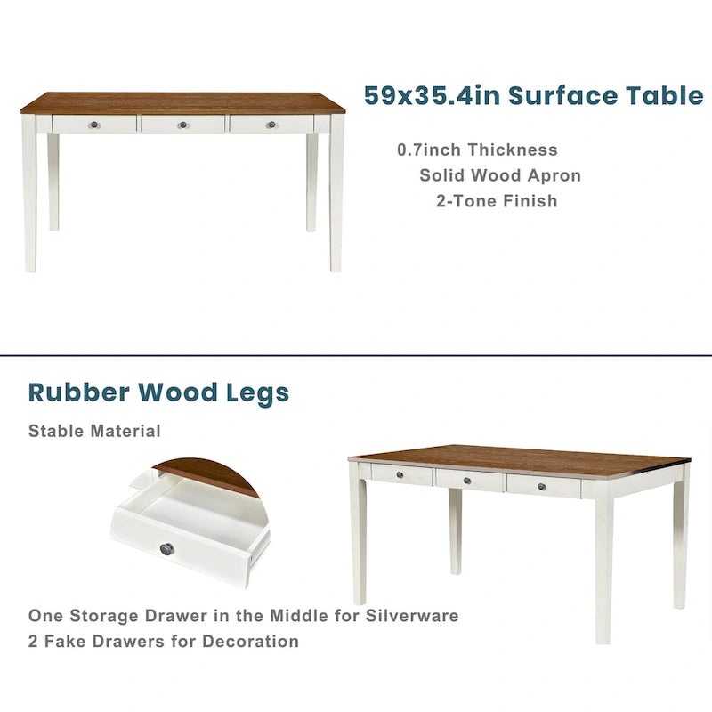 6-delige houten eetkamerset met 4 stoelen en bank, tafel met lade