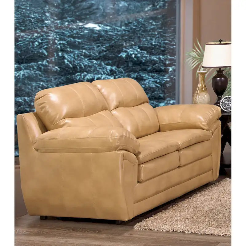 Simon Sofagarnitur aus hellbraunem Lederimitat mit Ledergel, bestehend aus Sofa, Loveseat und Sessel