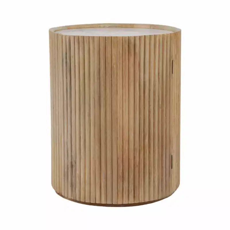 Decoratieve geribbelde houten bijzettafel met marmeren blad en opbergruimte - kleine woondecoratietafel voor slaapkamer of woonkamer