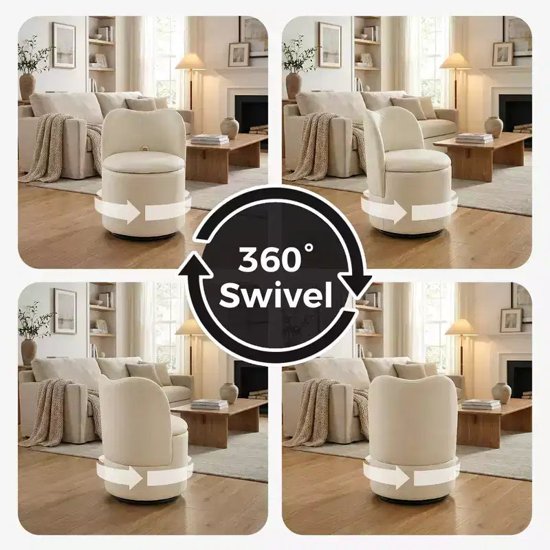 Chaise de coiffeuse pivotante avec rangement, tabouret rond rembourré avec dossier, fauteuil tonneau d’appoint doux et rembourré pour chambre et salon