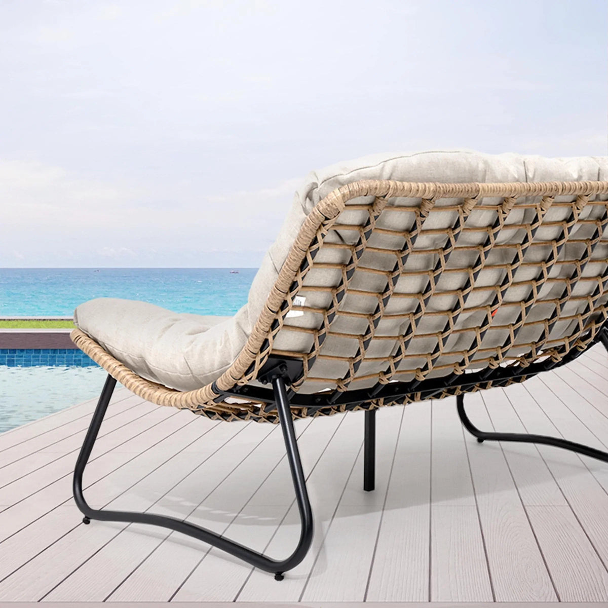 Fauteuil double Papasan avec coussin, rotin PE toutes saisons et structure en métal, pour intérieur et extérieur