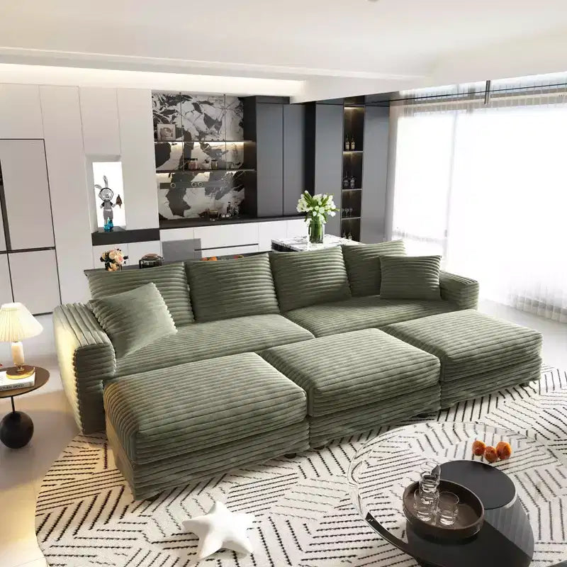 102,4-Zoll-4-Sitzer-Schlafsofa aus weichem Cord mit Hockern – Grün