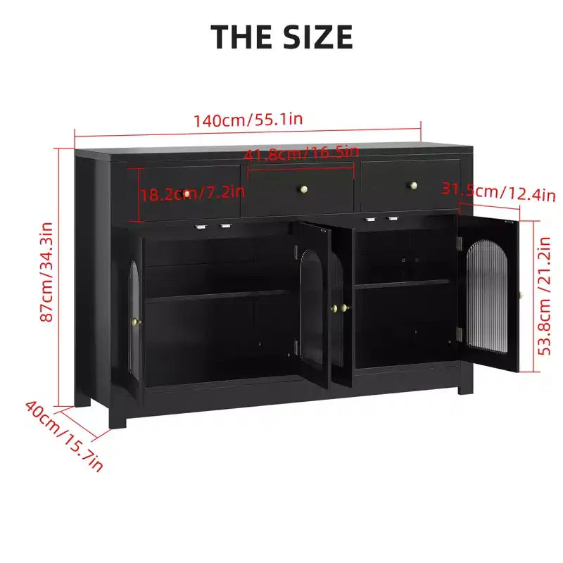 Opbergkast van 55 inch, smal buffet- en dressoirkast met 3 laden en 4 deuren voor keuken, eetkamer en woonkamer