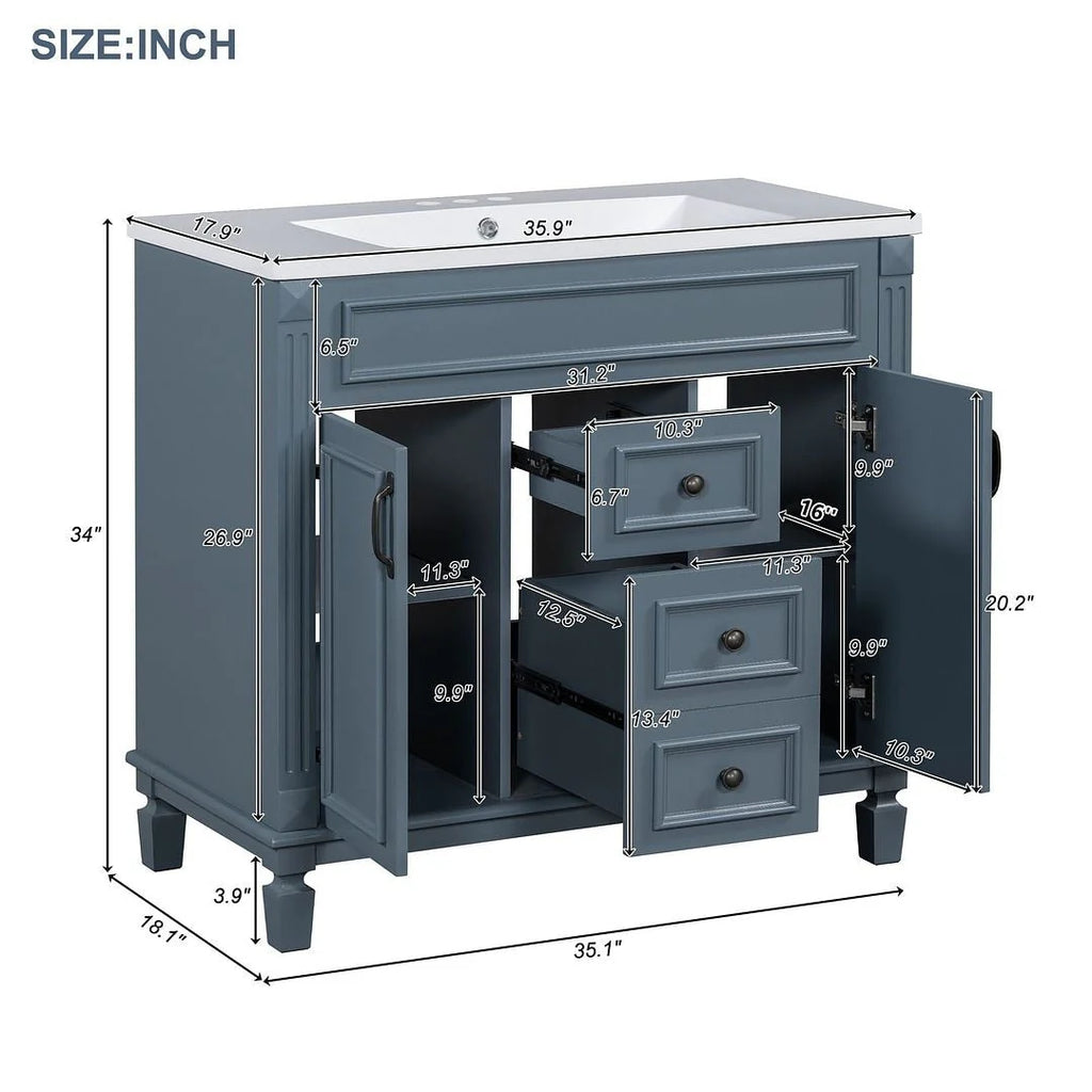 Meuble-lavabo moderne de salle de bains de 36 po avec vasque sur plan, armoire à miroir, 2 portes et 2 tiroirs