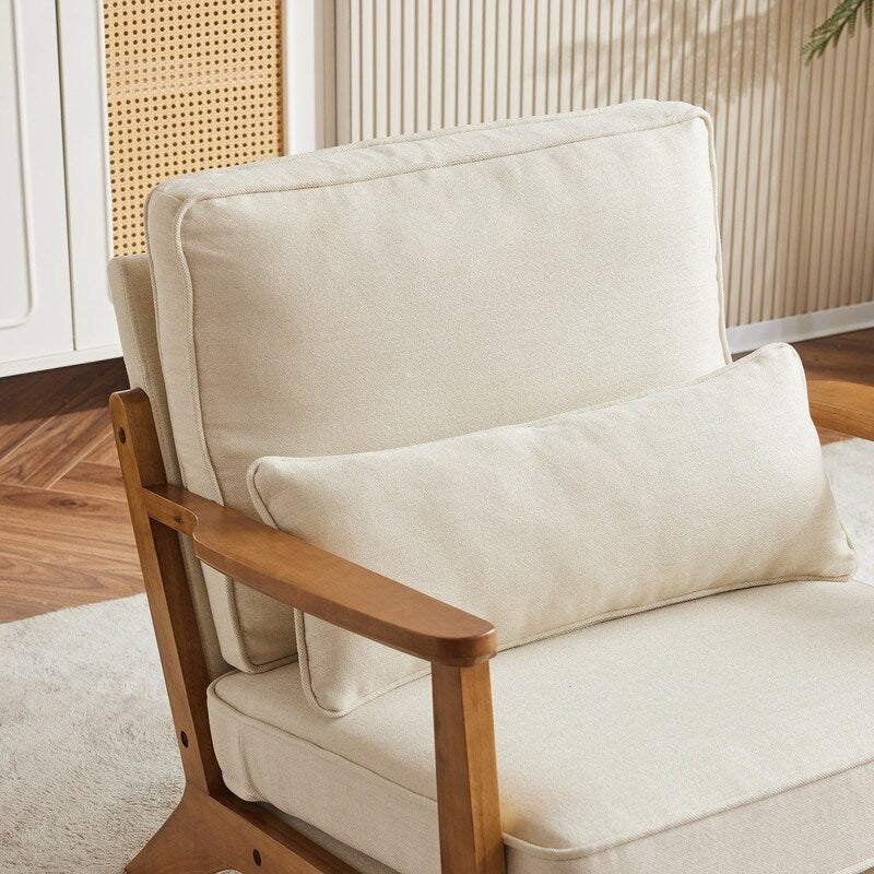 Polster-Sessel aus Leinenmischgewebe mit Holzbeinen und einem Kissen, Beige