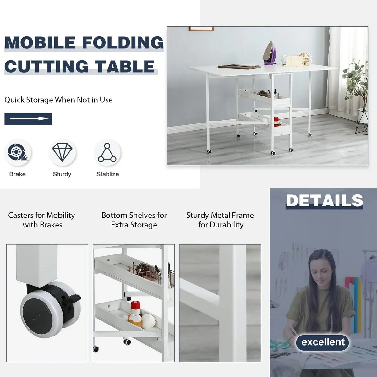 Table de bricolage réglable en hauteur avec étagères de rangement, table de découpe pliante mobile pour bureau à domicile, salle de couture ou atelier créatif