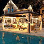 EROMMY Pavillon mit festem Dach, Outdoor-Pergola mit Doppeldach, Netzvorhängen und Vorhängen, robustes Vordach für Terrasse, Garten und Poolpartys
