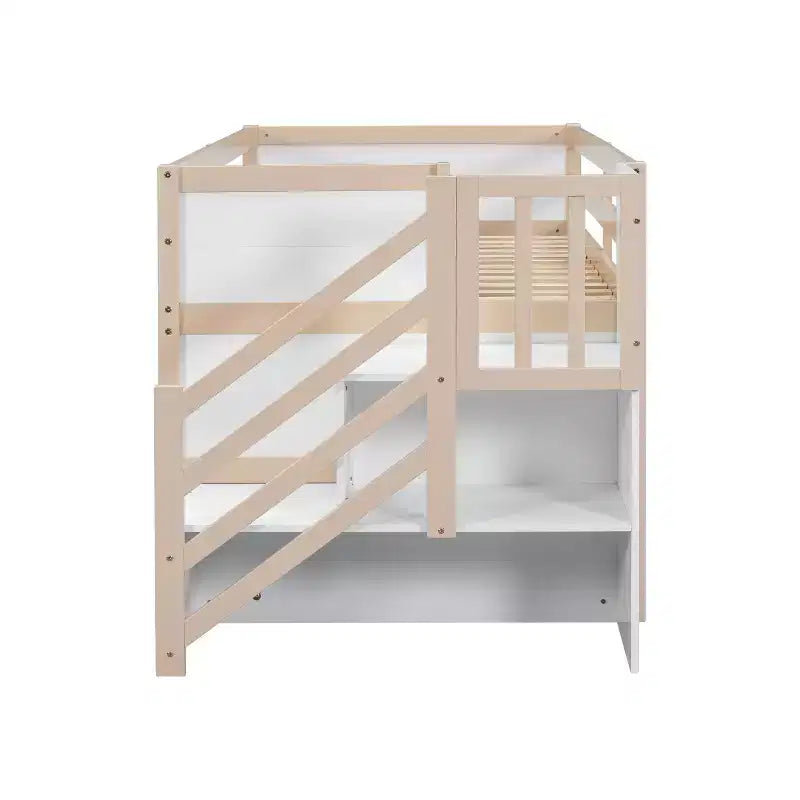 Okak hoogslaper van massief hout voor éénpersoonsmatras met trap en opbergruimte, lage stapelbedden voor éénpersoonsmatrassen met laden en planken, multifunctionele hoogslapers voor kinderen en tieners