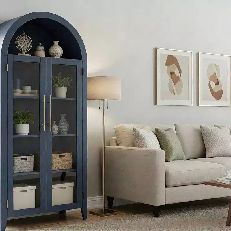 Armoire de rangement haute et cintrée avec portes vitrées, bibliothèque d’exposition à 5 niveaux avec étagères réglables pour la cuisine ou le salon