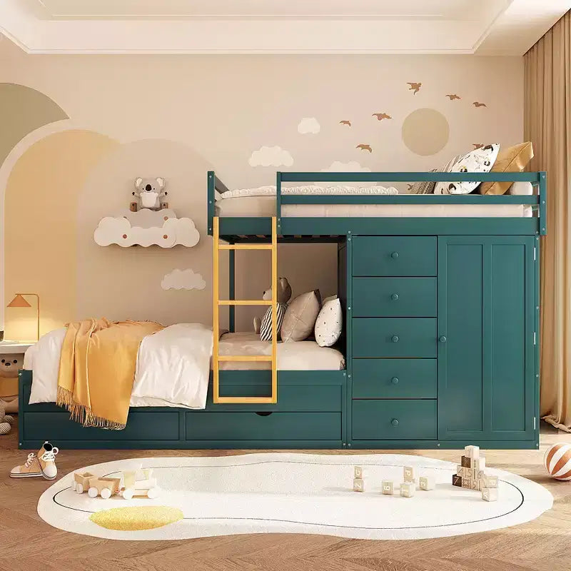 Lit superposé deux places sur deux places avec armoire de rangement et tiroirs, lit superposé en bois deux places gain de place avec barrière de sécurité pour appartement et chambre