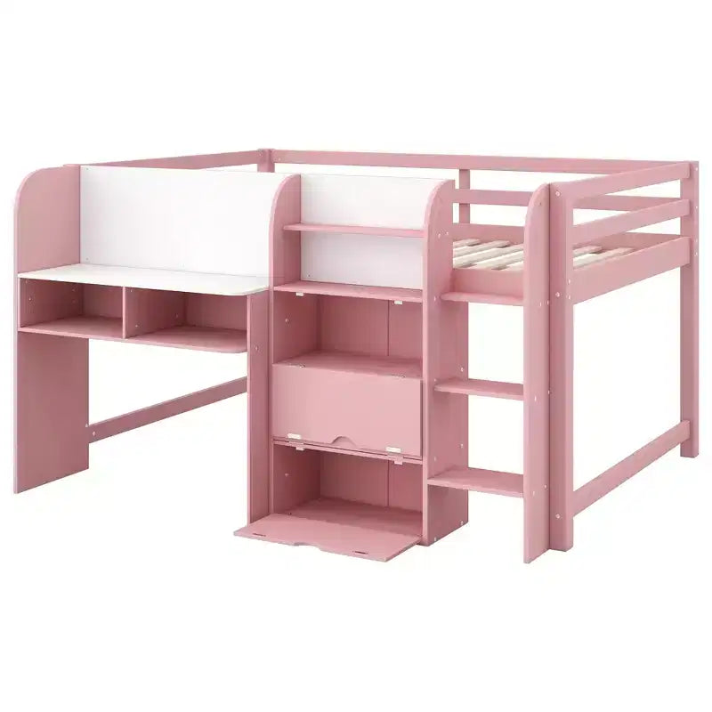 Laag stapelbed in roze/wit met bureau, opbergruimte en whiteboard - C voor 1 persoon, eenpersoonsbed