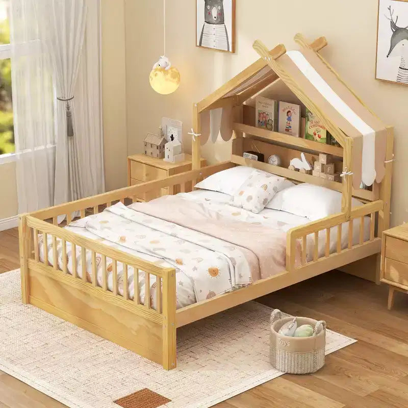 Lit cabane en bois ModernLuxe pour 1 ou 2 personnes avec tête de lit avec rangement, cadre de lit pour enfants en pin massif avec barrières de sécurité