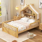 Lit cabane en bois ModernLuxe pour 1 ou 2 personnes avec tête de lit avec rangement, cadre de lit pour enfants en pin massif avec barrières de sécurité