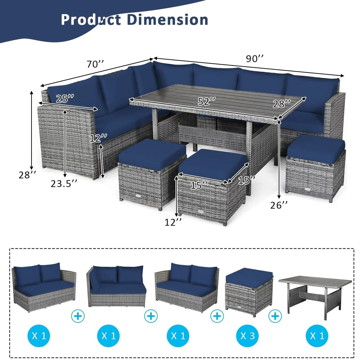 Costway Ensemble repas de jardin en rotin de 7 pièces, canapé d’angle, canapé et pouf — Voir les détails