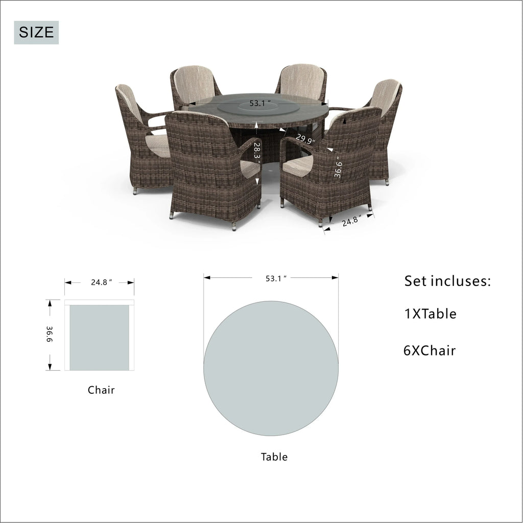 Ensemble de salle à manger rond de jardin en rotin tressé, 7 pièces, avec coussins, par Moda Furnishings
