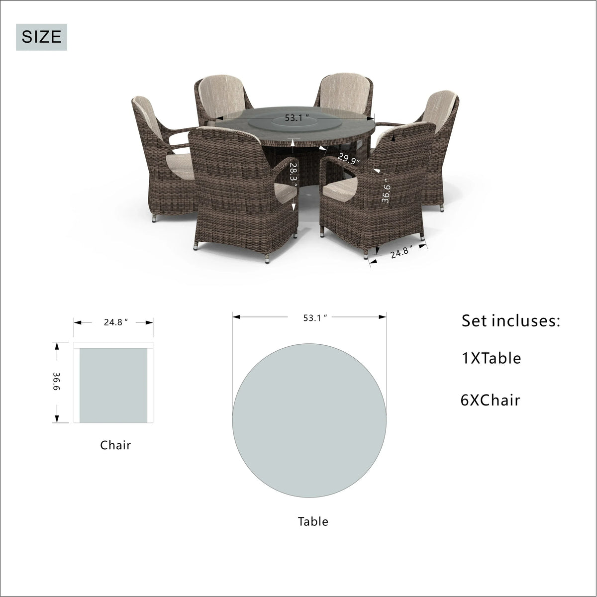 Ensemble de salle à manger rond de jardin en rotin tressé, 7 pièces, avec coussins, par Moda Furnishings