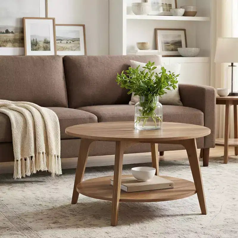 Honingbruine ronde salontafel met 2 opbergniveaus, 31,5 x 17,7 inch, ideaal voor de woonkamer