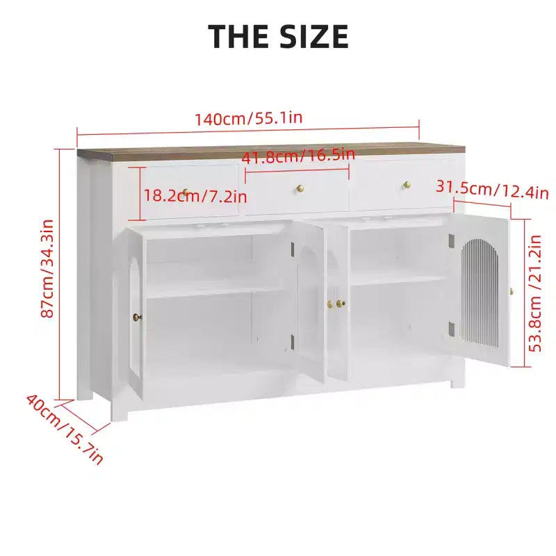 Opbergkast van 55 inch, smal buffet- en dressoirkast met 3 laden en 4 deuren voor keuken, eetkamer en woonkamer