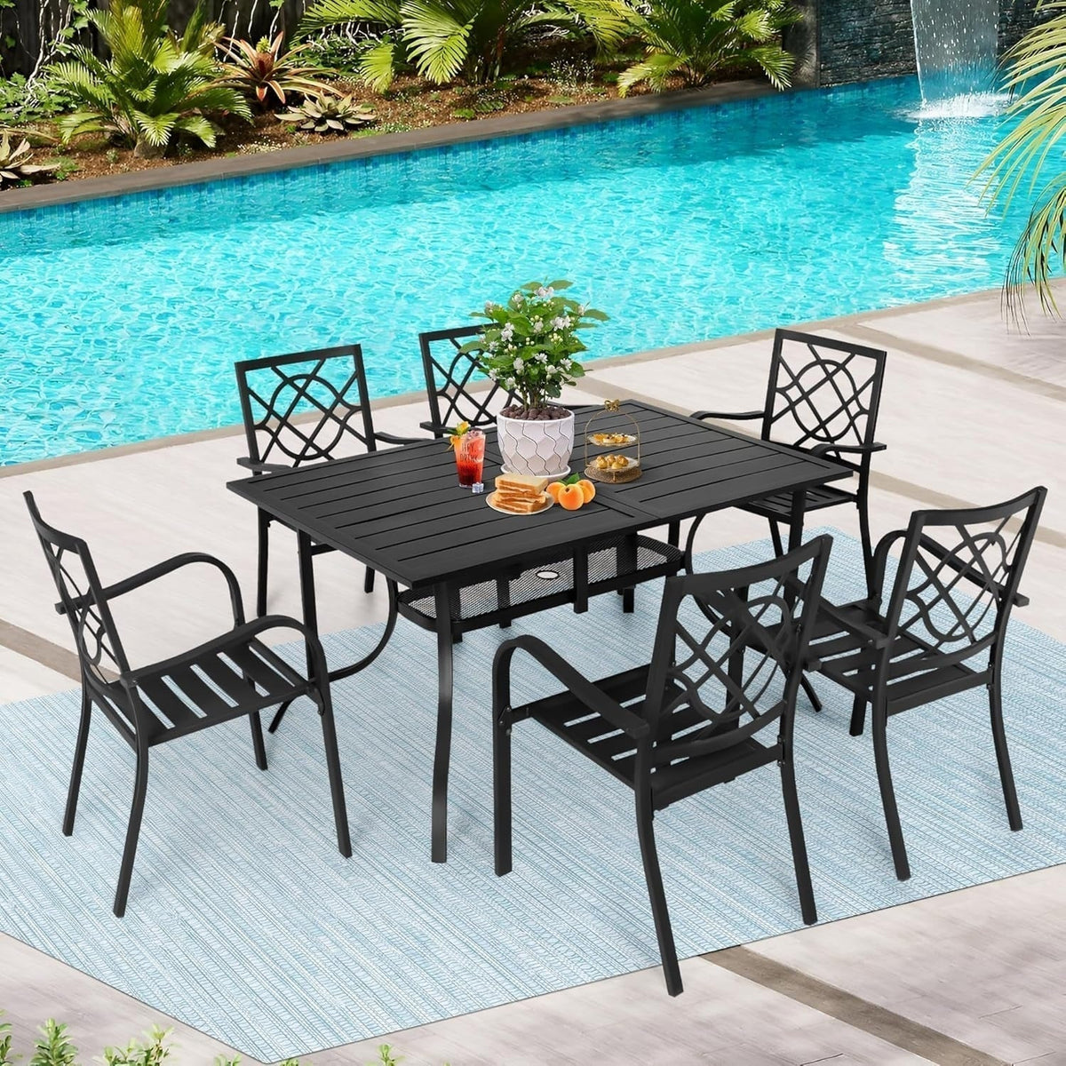Ensembles de salle à manger SUNCROWN pour terrasse extérieure, 5 ou 7 pièces, en acier, table à lattes métalliques et chaises empilables, cadre thermolaqué