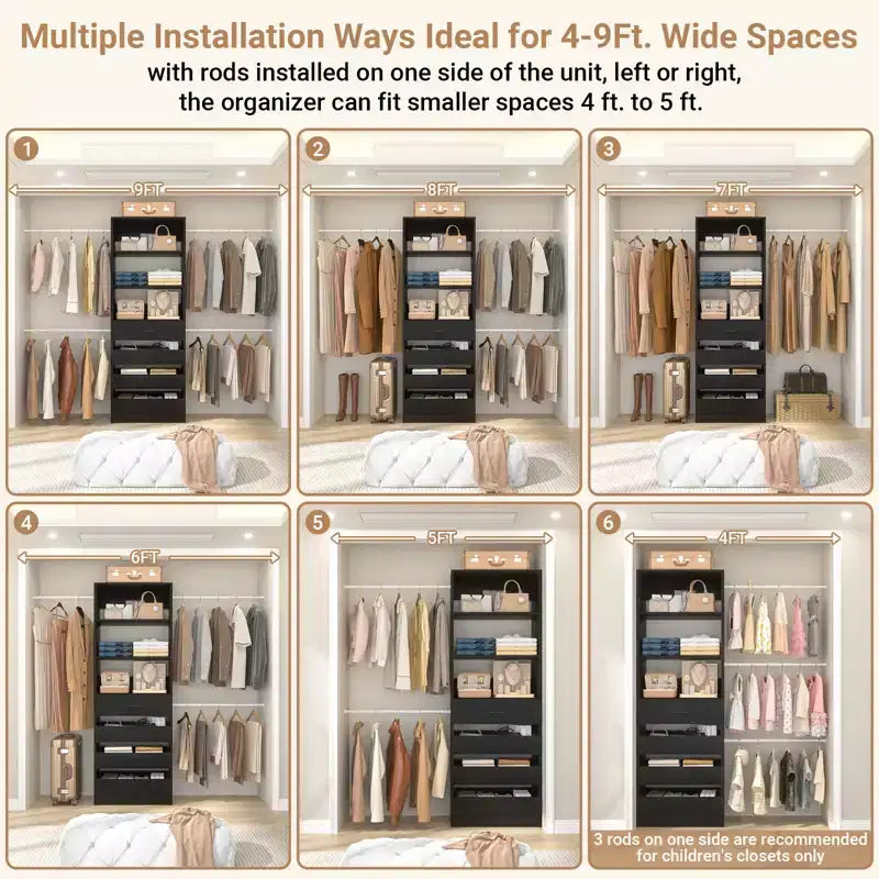 Besiost Holz-Kleiderschrank-Organizersystem für 1,2–2,7 m mit 4 Schubladen, 4 Kleiderstangen und Regaltürmen