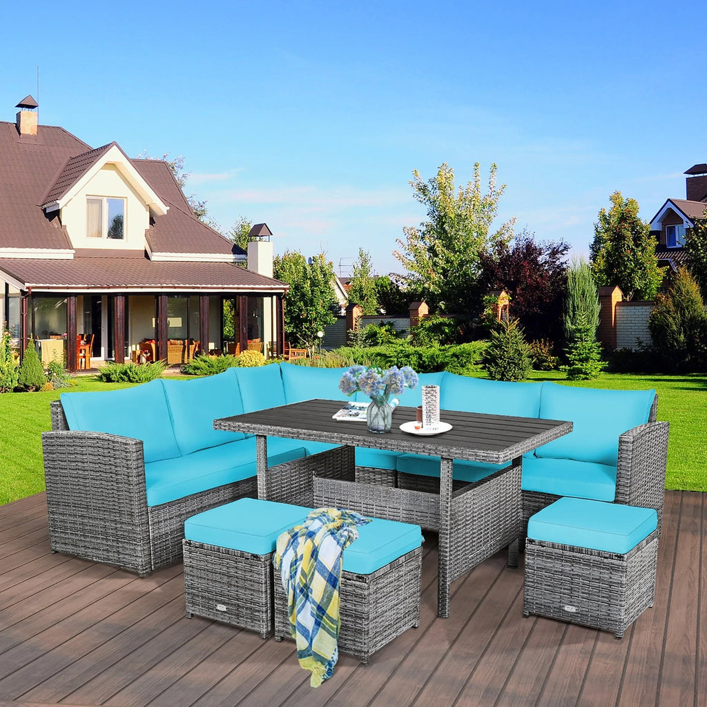 Costway Ensemble repas de jardin en rotin de 7 pièces, canapé d’angle, canapé et pouf — Voir les détails