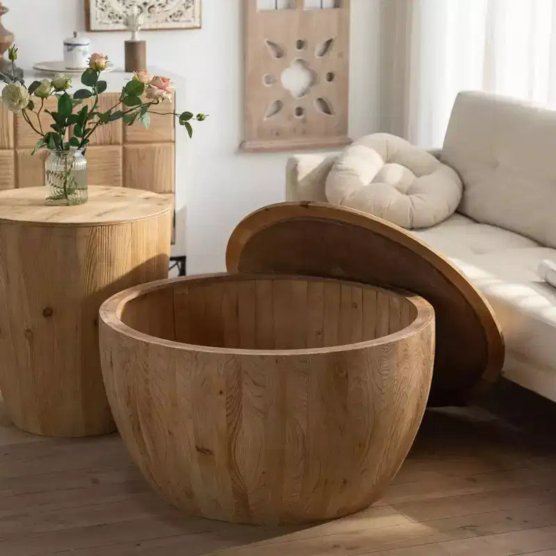 Table basse ronde de rangement rétro, en bois, adaptée au salon, à la salle à manger ou au bureau.