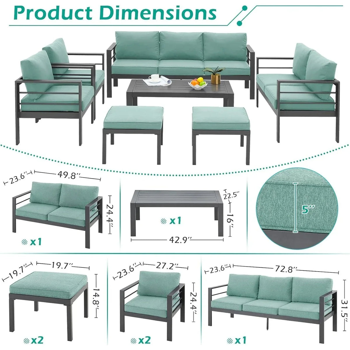 AECOJOY 7-teiliges Aluminiummöbel-Set für die Terrasse, Outdoor-Sitzgruppe