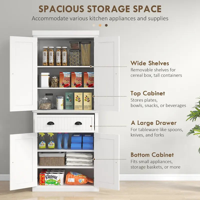 Armoire de rangement de garde-manger de cuisine de 72 pouces, armoire traditionnelle autoportante avec 4 portes et 3 étagères réglables, grand tiroir central