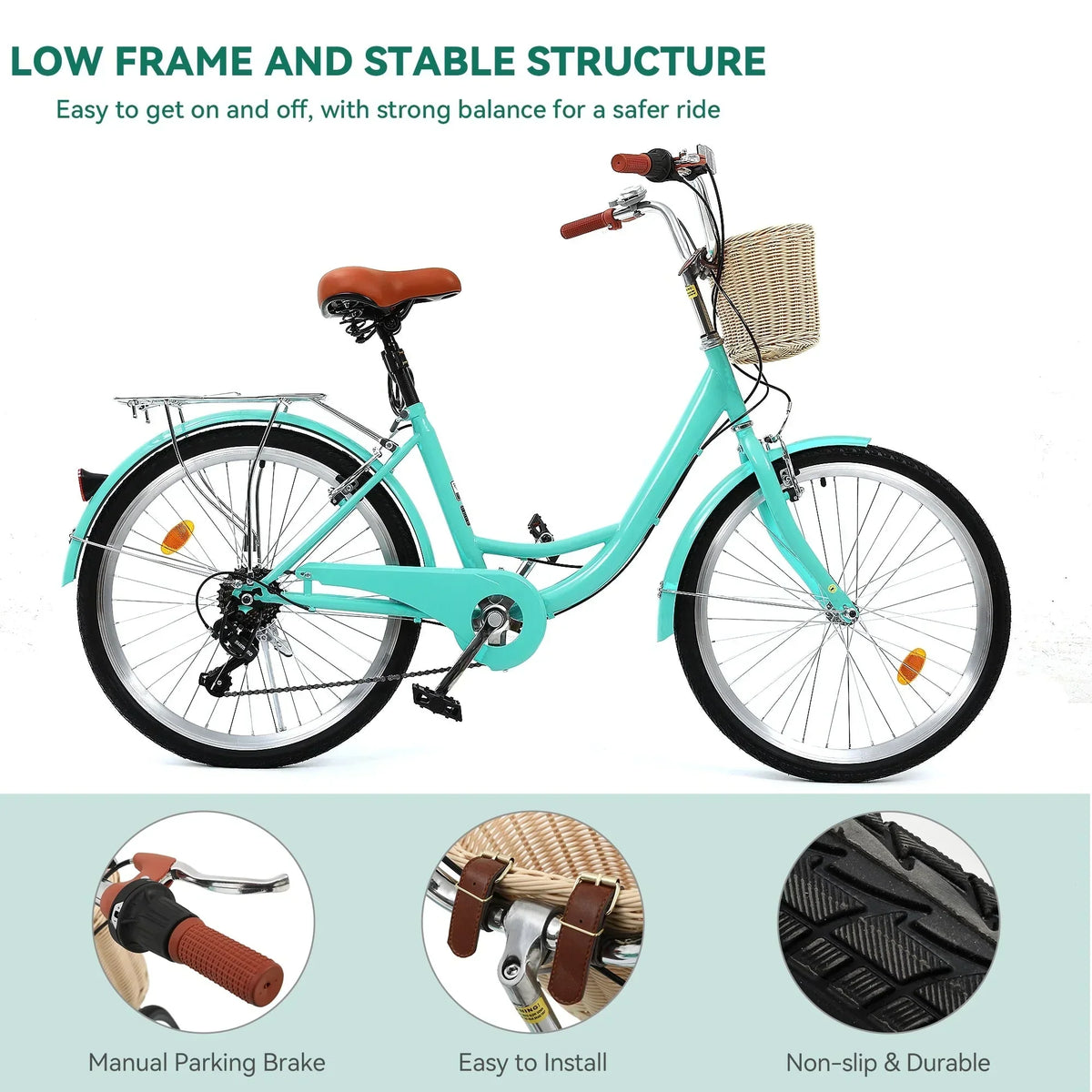 Moasis24/ 26-Zoll-Cruiser-Fahrrad mit 7 Gängen, verstellbarem Durchstieg, Pendlerfahrrad