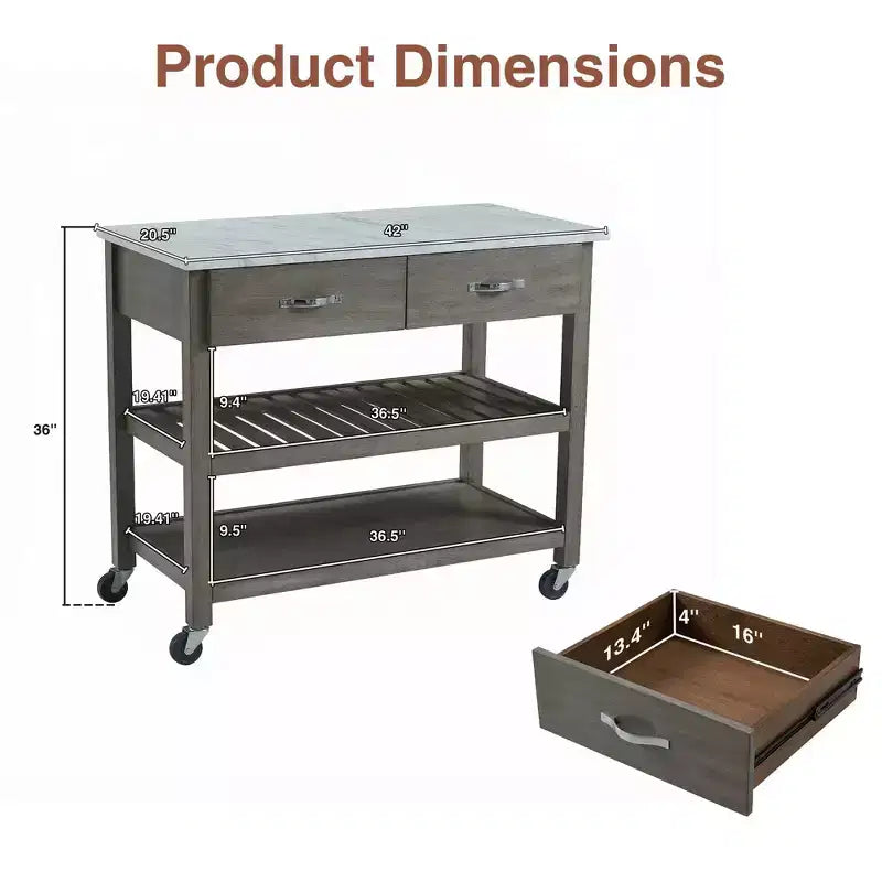 Rolling Kitchen Cart with Marble Top Solid Wood Kitchen Island Cart with 2 Drawers 3-Tier Kitchen Trolley with Lockable Detachable Wheels & Towel Rack