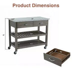 Rolling Kitchen Cart with Marble Top Solid Wood Kitchen Island Cart with 2 Drawers 3-Tier Kitchen Trolley with Lockable Detachable Wheels & Towel Rack