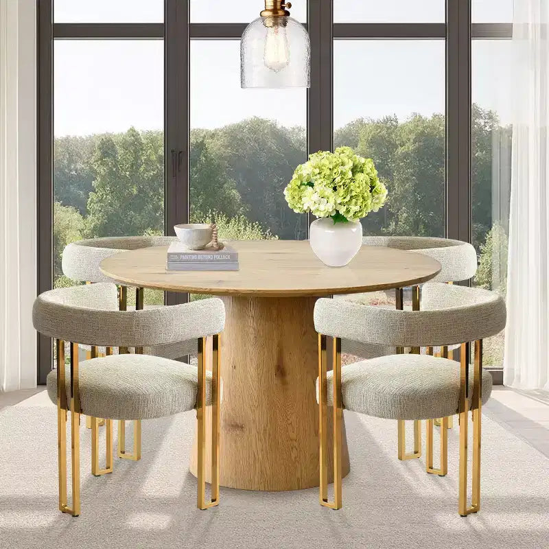Ausziehbares rundes bis ovales Esszimmertisch-Set mit 4 Samtsesseln, modernem Säulendesign, Sitzplätze für bis zu 8 Personen – Panipeachy