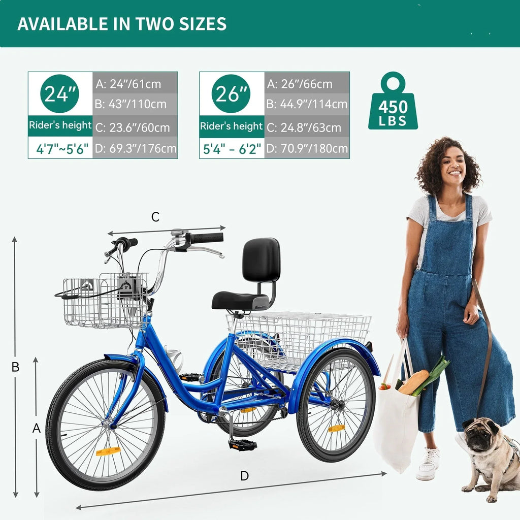 26-Zoll-Dreirad für Erwachsene, 3-Rad-Fahrrad mit 7 Gängen