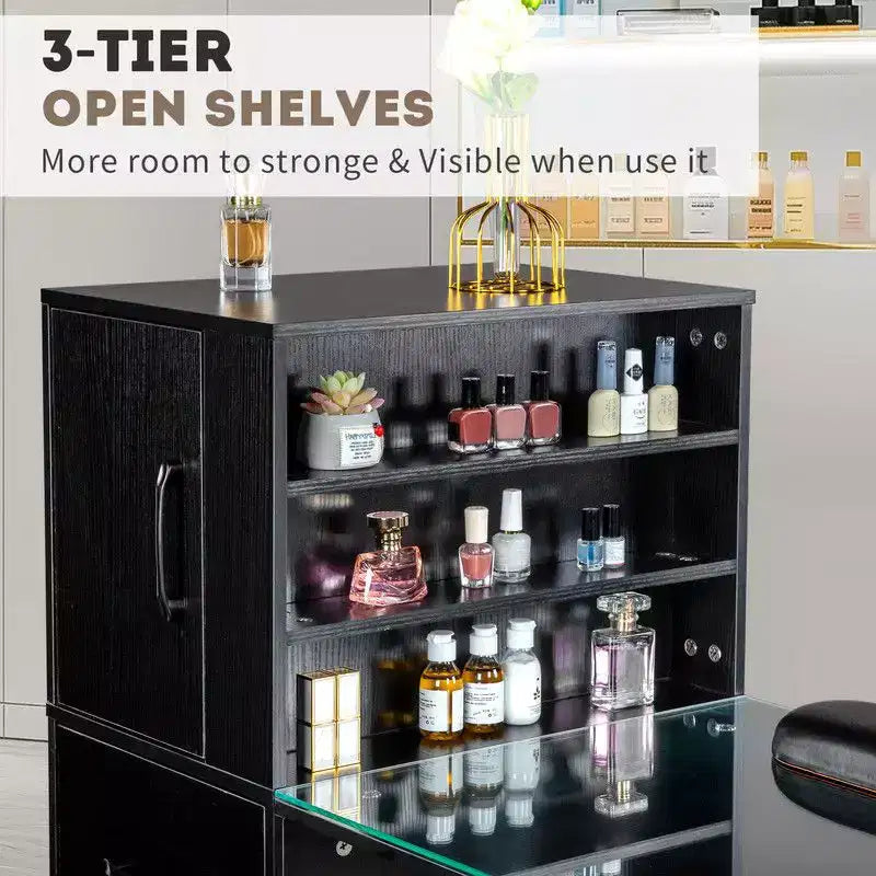 Schwarzer und rosafarbener moderner Maniküre-Nageltisch mit Glasplatte und Handgelenkauflage, Einzelplatz