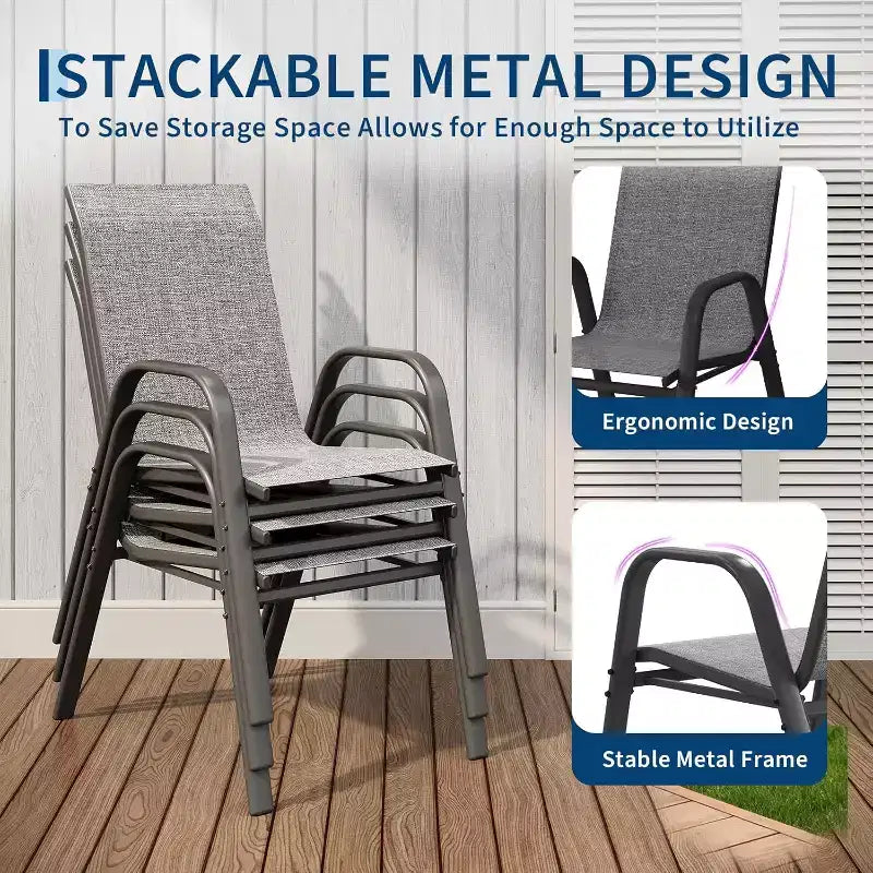 Chaises de patio, ensemble de 4 ou 6 chaises de salle à manger d’extérieur empilables, légères et résistantes à toutes les intempéries, en textilène, avec accoudoirs, pour jardin et terrasse de piscine