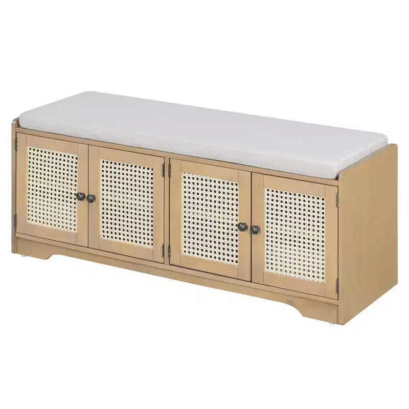Banc de rangement rustique en bois Whisen, banc à chaussures pour entrée avec coussin amovible et étagères réglables