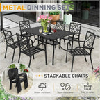 SUNCROWN 5/7-delige stalen tuin-eetsets, metalen tafel met lattenblad en stapelbare stoelen, gepoedercoat frame