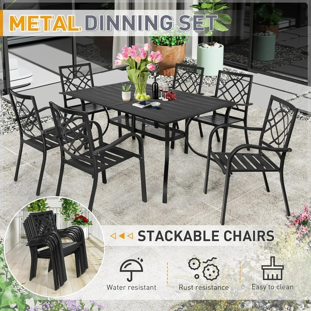 SUNCROWN 5/7-delige stalen tuin-eetsets, metalen tafel met lattenblad en stapelbare stoelen, gepoedercoat frame