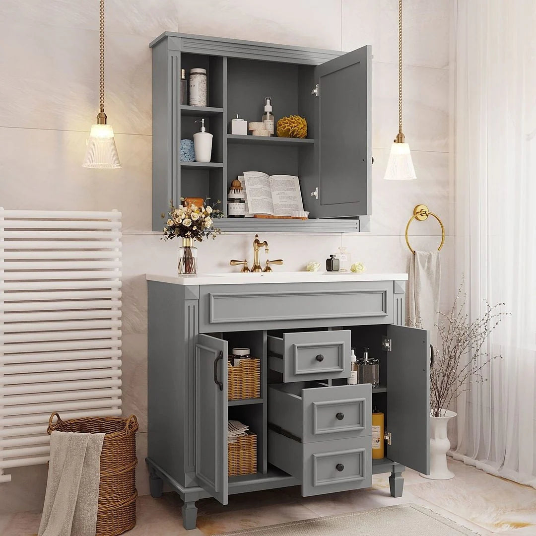 Meuble-lavabo moderne de salle de bains de 36 po avec vasque sur plan, armoire à miroir, 2 portes et 2 tiroirs