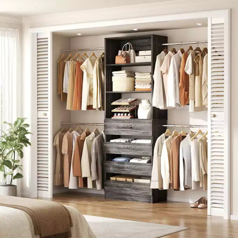 Système d’organisation de dressing en bois Besiost de 4 à 9 pieds avec 4 tiroirs, 4 tringles et des colonnes d’étagères