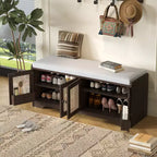 Banc de rangement rustique en bois Whisen, banc à chaussures pour entrée avec coussin amovible et étagères réglables
