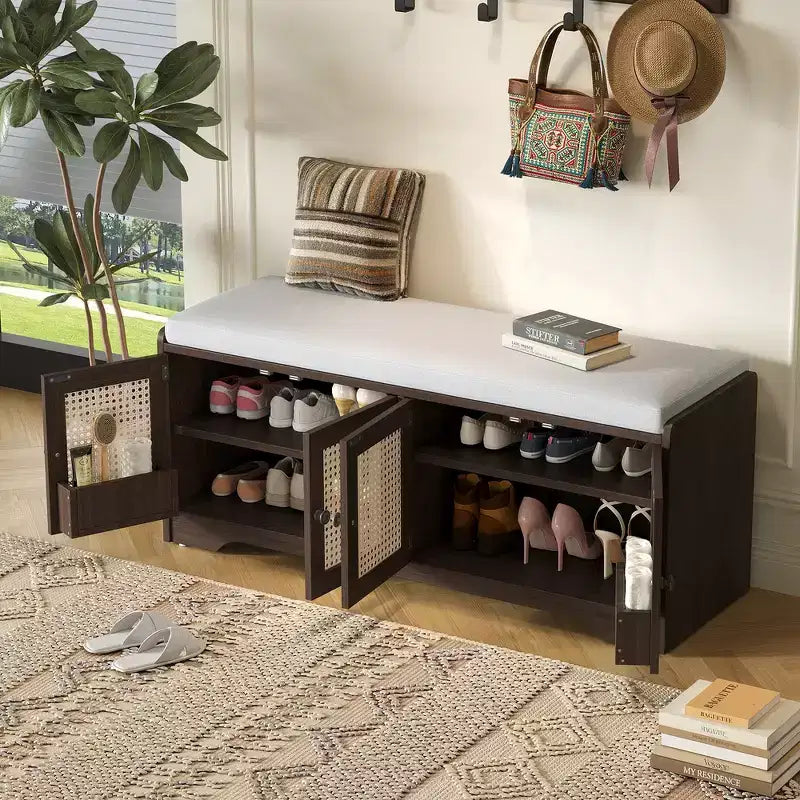 Banc de rangement rustique en bois Whisen, banc à chaussures pour entrée avec coussin amovible et étagères réglables