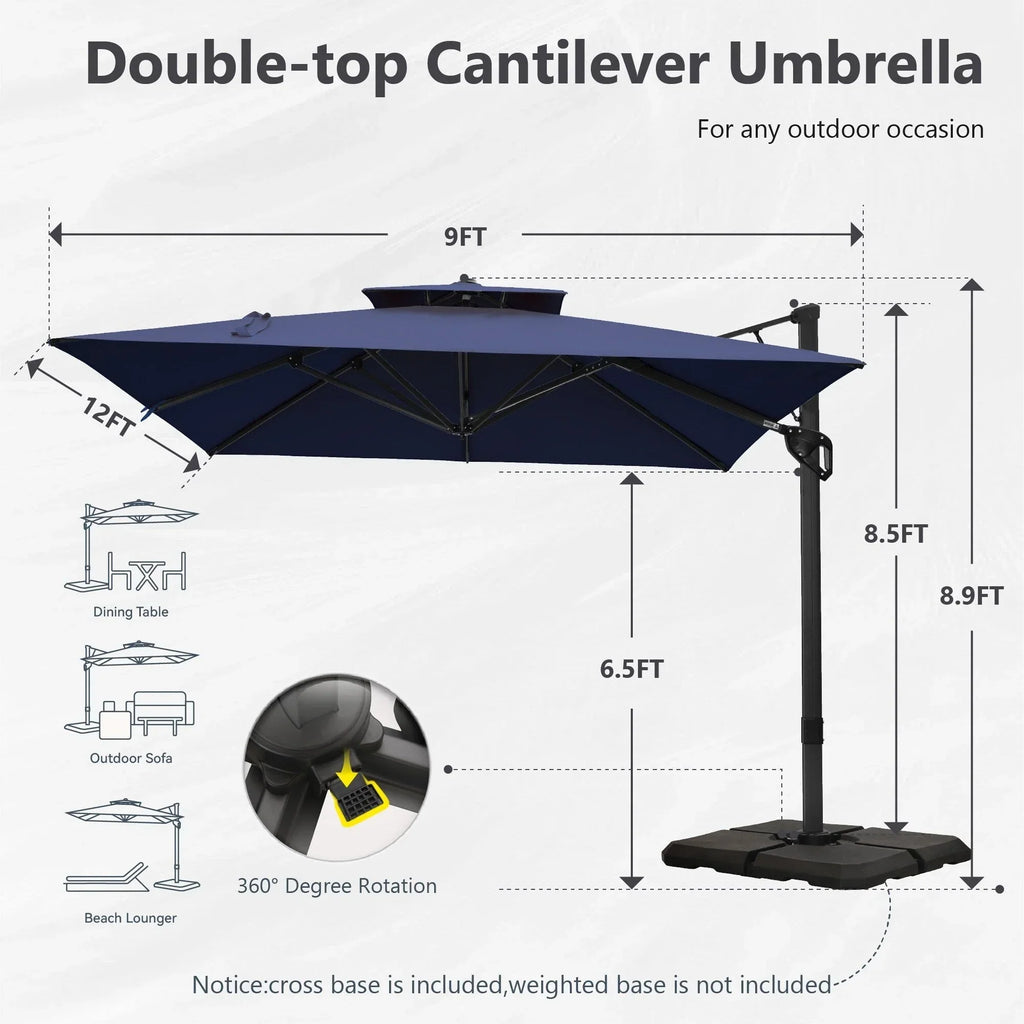 MAISON ARTS Parasol déporté hydraulique automatique de 12 pieds, mât en aluminium, rotation à 360 degrés