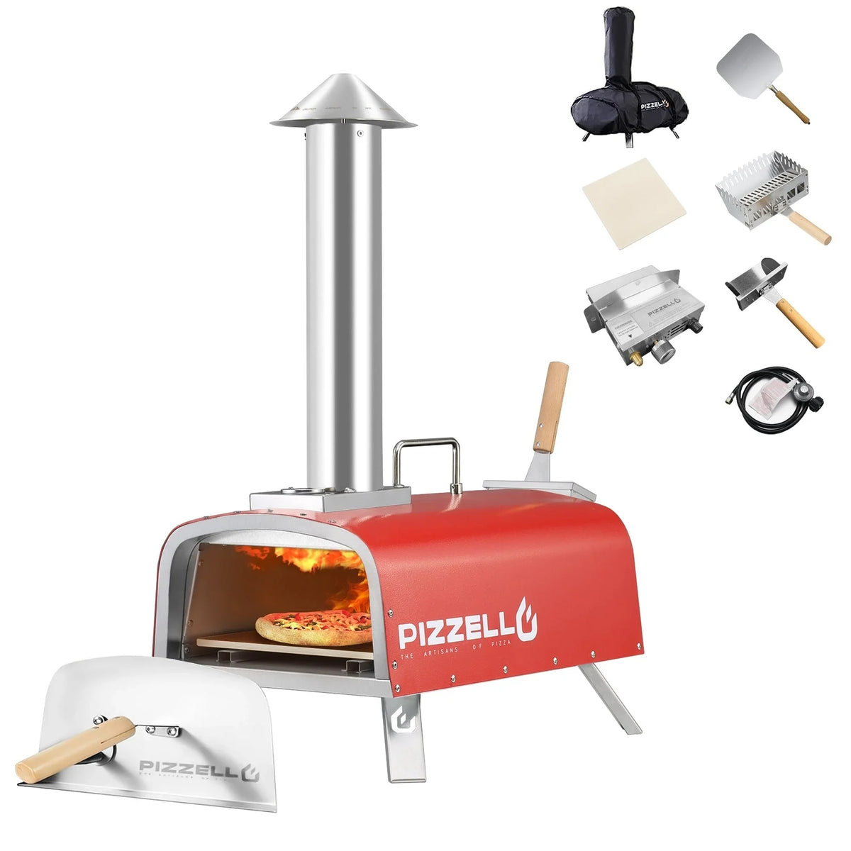 Multibrennstoff-Pizzaofen für den Außenbereich, Steinofen-Pizzaofen mit Gasbrenner und Holzfach – 12 Zoll