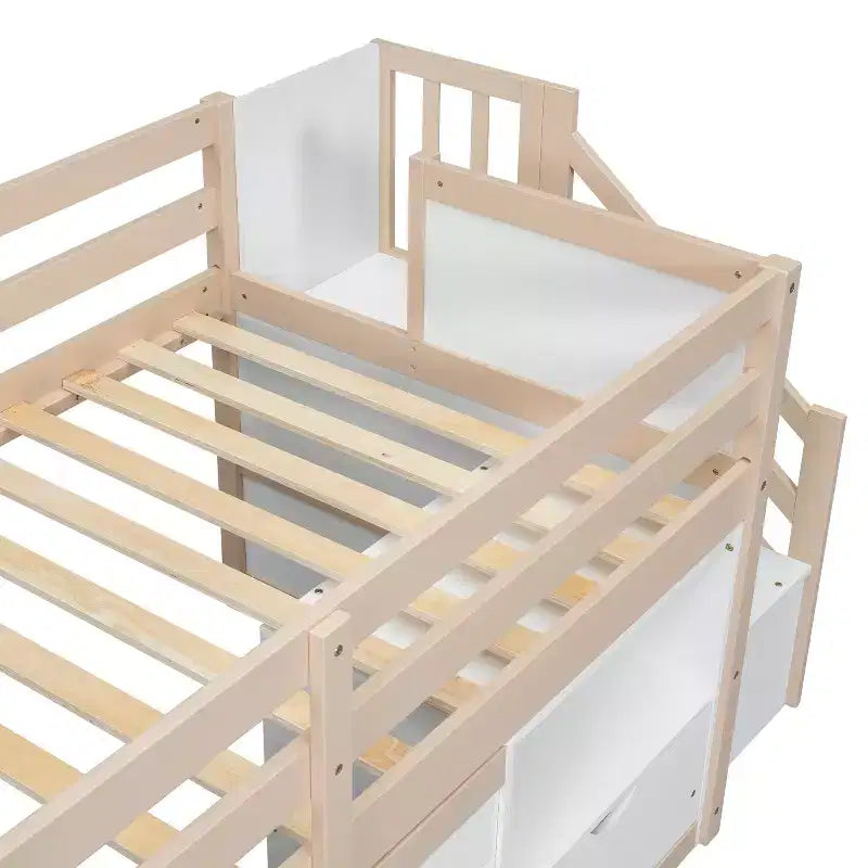 Lit mezzanine bas une place en bois massif, 94,6 L x 42,3 l, avec escalier, tiroir et étagère, design moderne et épuré