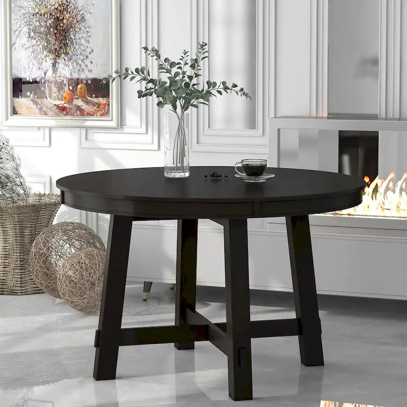 Table de salle à manger ronde extensible de style champêtre avec rallonge de 16 po, table de cuisine en bois