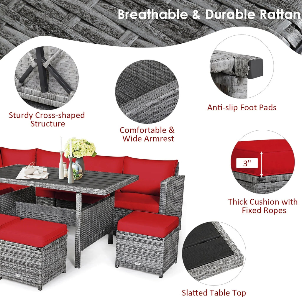 Costway Ensemble repas de jardin en rotin de 7 pièces, canapé d’angle, canapé et pouf — Voir les détails